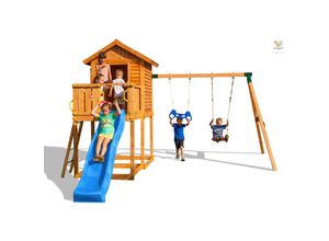 5902020527473 - Spielturm My House Move+ teak mit Rutsche Doppelschaukel Haus mit Holzdach Leiter Griffe - Fungoo