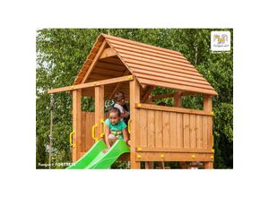 5902020527497 - Thegoodgarden - Fungoo Spielturm Maxi Set Fortress TipTop Rainbow Spider+ teak mit Rutsche Holzdach Griffe Leiter Kletterturm Brücke Trapez und