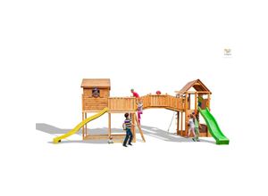 5902020527664 - Spielturm Maxi Set Sized Plaza My Side Fortress Toybox Rainbow teak mit 2x Rutschen 2x Spieltürmen Verbindungsbrücke Leiter Kletterseil und