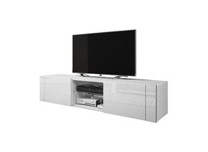 5902409980929 - Selsey ELEGANT - TV-Lowboard mit Klapptüren und 2 offenen Fächern grifflos 140 cm breit (Weiß Matt   Weiß Hochglanz ohne LED)