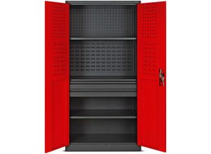 5902560336771 - TC02AM Werkzeugschrank Stahlschrank Werkstattschrank Schubladenschrank Flügeltüren 3 Fachböden 185 cm x 92 cm x 50 cm pulverbeschichtet anthrazit-rot