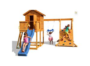 5902730330011 - Spielturm My House Spider+ teak mit Rutsche Haus mit Holzdach Griffe Leiter Kletterturm und Schaukel - Fungoo