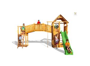 5902730330028 - Spielturm Fortress TipTop Rainbow teak mit 2x Turm Rutsche Kletterwand Griffe Leiter Holzdach - Fungoo