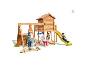 5902730330035 - Spielturm My Side Spider+ teak mit Rutsche Einzelschaukel Leiter Haus mit Holzdach und Kletterturm - Fungoo