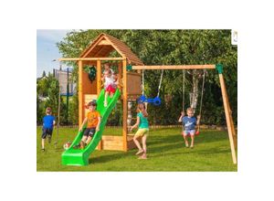 5902730330073 - Spielturm Fortress Move+ teak mit Rutsche Kletterwand Leiter Holzdach und Doppelschaukel - Fungoo