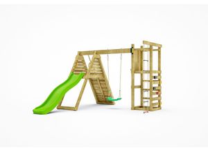 5902730330295 - Spielturm Climber teak mit Rutsche Einzelschaukel Kletterwand und Schaukelsitze - Fungoo