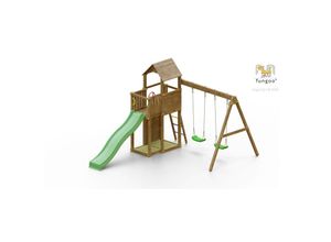 5902730330547 - Spielturm Boomer 3 teak mit Rutsche Doppelschaukel Leiter Griffe Kletterwand und Holzdach - Fungoo