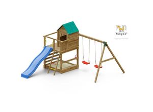 5902730330554 - Spielturm Jarcas 4 teak mit Doppelschaukel Rutsche Sandkasten Holzdach und Leiter - Fungoo