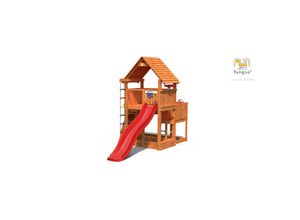 5902730330943 - Spielturm Big Leader teak mit Rutsche Leiter Kletterwand Holzdach Kletterseil und Sandkasten - Fungoo