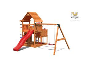 5902730330974 - Spielturm Big Leader Move Red teak mit Doppelschaukel Rutsche Kletterwand Holzdach und Sandkasten - Fungoo