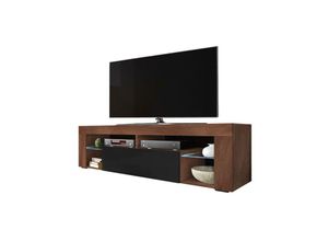 5903025270821 - Selsey - bianko - TV-Lowboard stehend in Nussbaum Schwarz Hochglanz mit Klappe und LED-Beleuchtung 140 cm