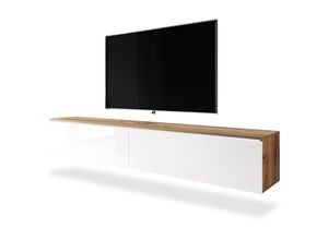 5903025287225 - Selsey - TV-Lowboard kane in Wotan Eiche Weiß Hochglanz hängend stehend modern 2 Klappen weiße LED-Beleuchtung 180 cm