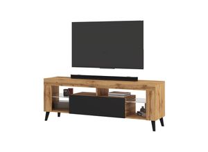 5903025553504 - HugoB – TV-Lowboard modernes TV-Sideboard mit Füßen und Glaseinlegeböden 140 cm (Lancaster Eiche Matt   Schwarz Glanz ohne led) - Selsey