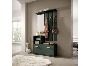 5903025594484 - Selsey - YESFIR-Flur-Set in Flaschengrün mit Spiegel Garderobe Regalen und Schuhschrank