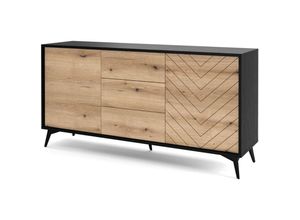 5903025885407 - Selsey BOULIA - Sideboard mit 3 Schubladen Schwarz mit Fischgrätfronten in Eiche 154 cm