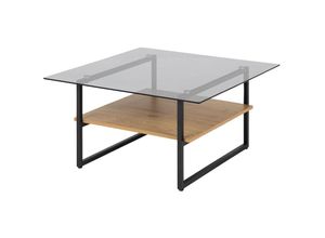 5903025962887 - Hideko - Beistelltisch   Couchtisch mit Glasplatte schwarzem Metallgestell und Ablage in Eichenoptik quadratisch 80x80 cm - Selsey