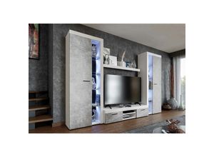 5903981082636 - Mediawand rivay xl Wohnwand TV-Schrank Vitrine 4-tlg 300 cm breit Weiß Beton - Furnix