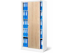 5904405570487 - Jan Nowak - Aktenschrank Büroschrank mit Schiebetüren Metall 4 Fachböden Pulverbeschichtung Abschließbar 185 cm x 90 cm x 40 cm Weiß Holzoptik