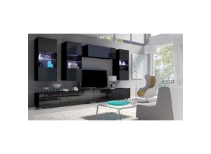 5904507941864 - Mediawand Möbelwand PUNE5 Wohnwand TV-Schrank Vitrine 6-tlg Schwarz Glanz - Furnix