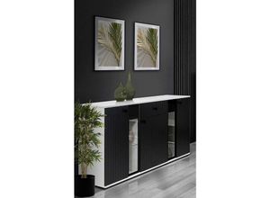 5905155213174 - Furnix - Sideboard sarai Schublade 3-türig Anrichte Glastüren140 cm Weiß Schwarz