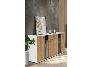 5905351228491 - Furnix - Sideboard sarai Schublade 3-türig Anrichte Glastüren140 cm Weiß Artisan