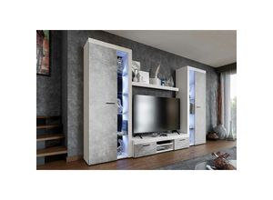 5905351295509 - Mediawand marcuss xl Wohnwand TV-Schrank Vitrine 4-tlg 300 cm breit Weiß Beton - Furnix