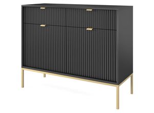 5905386076500 - Selsey - vellore - Sideboard Kommode 2-türig mit 2 Schubladen Schwarz mit geriffelten Fronten und goldenen Metallbeinen 104 cm