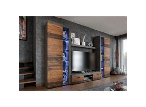 5906601404900 - Mediawand Alvor xl Wohnwand TV-Schrank Vitrine Regal 4-tlg 300cm old wood matera - Furnix