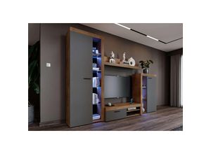 5906601404979 - Furnix - Mediawand Alvor Wohnwand TV-Schrank Vitrine led 4-tlg 270cm Lefkas Graphit