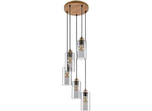 5996595721251 - 72125 Hängeleuchte tanno Metall Eiche Glas getönt E27 5 x max25W H150cm Ø10cm dimmbar - Rabalux