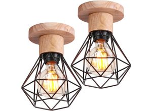 6033797019324 - Axhup - Deckenlampe Ø16cm Deckenleuchte im Industrial Design Eisen Diamant Lampe mit Käfig für Wohnzimmer Schlafzimmer Schwarz + Holzfarbe 2PCS