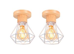 6033797019362 - Axhup - Deckenlampe Ø16cm Deckenleuchte im Industrial Design Eisen Diamant Lampe mit Käfig für Wohnzimmer Schlafzimmer Weiß + Holzfarbe 2PCS