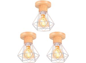 6033797019379 - Axhup - Deckenlampe Ø16cm Deckenleuchte im Industrial Design Eisen Diamant Lampe mit Käfig für Wohnzimmer Schlafzimmer Weiß + Holzfarbe 3PCS