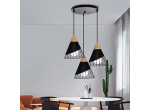 6033797036130 - Axhup - 3 Flammig Hängelampen Moderne Industriell Kronleuchter im Badminton-form Deckenlampen mit Metall Holz Lampenschirm für Wohnzimmer Esszimmer