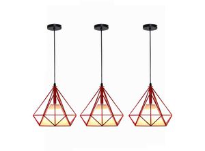 6033797091276 - Pendelleuchte Vintage Hängelampe im Retro Look Diamant Form Kronleuchter mit Käfig für Wohnzimmer Schlafzimmer Esszimmer Küche Rot - 3PCS