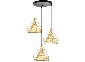 6033797091528 - Axhup - Pendelleuchte 3 Flammig Hängelampe Ø25cm Diamant Form mit Käfig für Wohnzimmer Schlafzimmer Esszimmer Küche Gold