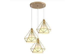 6033797091535 - Axhup - Pendelleuchte 3 Flammig Hängelampe Ø25cm Diamant Form mit Käfig für Wohnzimmer Schlafzimmer Esszimmer Küche Alles Gold