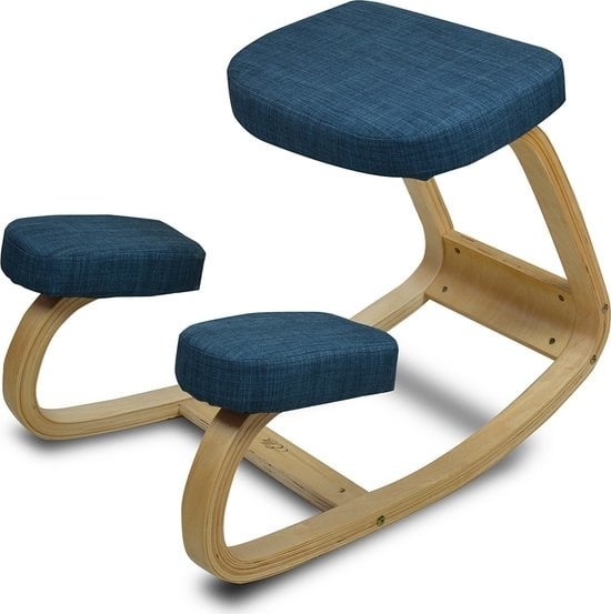 6095800353344 - Kniestuhl - Ergonomischer Bürostuhl - Balance Hocker - Arbeitshocker - Eschenholz & Blaues Leinen