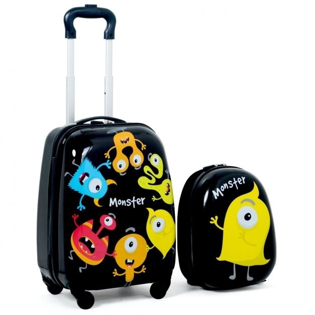 6095808978983 - Kinderkofferset 2-teilig Kindertrolley + Rucksack Monsters Schwarz