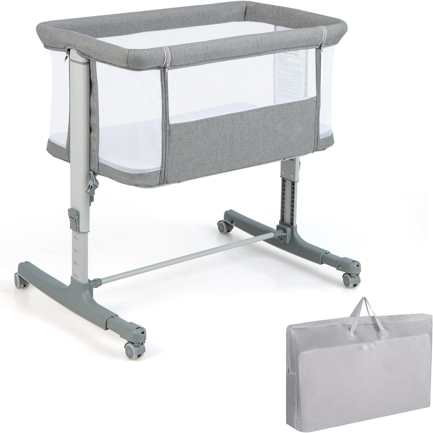 6095810270297 - Babybett mit Matratze - 5 Höhen - mit Tragetasche - 9 kg Tragfähigkeit - 84 x 48 x 80 cm - Hellgrau