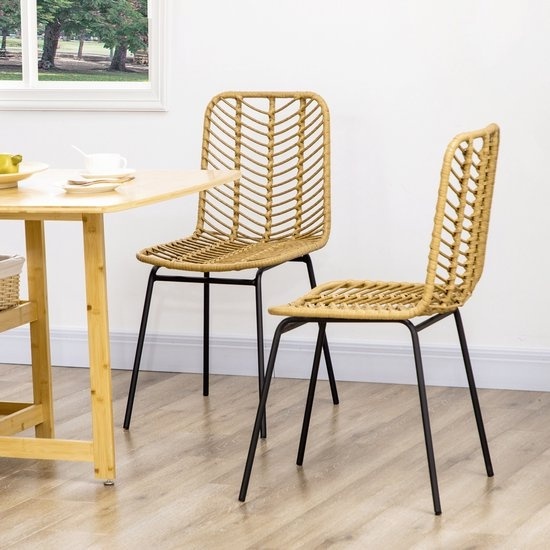 6095810754735 - 2er-Set Esszimmerstühle im Boho-Stil Akzentstuhl PE-Rattan 44 cm x 58 cm x 85 cm Natural+ schwarz