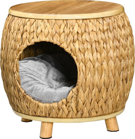 6095816927942 - Paws 2-in-1 Katzenhöhle mit Wasserhyazinthengras waschbares Kissen 44 cm x 43 cm x 42 cm hellbraun+naturholz+grau