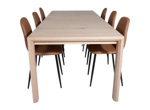 6096503930917 - SliderWW Essgruppe Esstisch Ausziehbarer Tisch Länge cm 170   250 Eiche weiß washeded und 6 Polar Esszimmerstühle PU Kunstleder braun