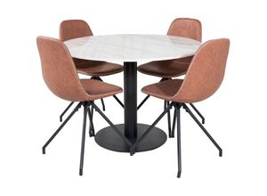 6096511653679 - EstelleØ106WHBL Essgruppe Esstisch weiß Marmor und 4 Polar Esszimmerstühle pu Kunstleder braun