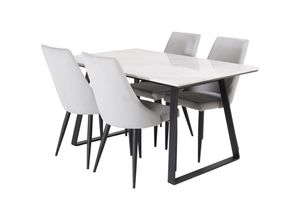 6096514924905 - Estelle Essgruppe Esstisch Marmor weiß und 4 Leone Esszimmerstühle Samt hellgrau schwarz