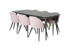 6096533691611 - Gold Essgruppe Esstisch Ausziehbarer Tisch Länge cm 180   220 schwarz und 6 Velvet Esszimmerstühle Samt pink schwarz