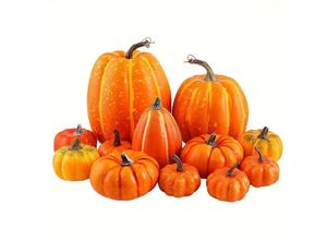 6138222653729 - 12er-Pack große orangefarbene künstliche Kürbisse in verschiedenen Größen für Tischdekoration Herbst Feiertage Halloween Thanksgiving