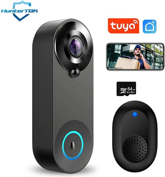 6150936293299 - Blyx® - Smart Doorbell - Türklingel mit Kamera wireless wifi - Batteriebetriebenes Wireless mit 1080P - Inklusive Wireless Gong (T-ring sound) - 64GB SD-Karte (Smart Doorbell) - Schwarz