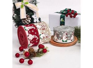 6219466700872 - 3 Rollen Weihnachtsband 5 cm x 5 m Weihnachtsbaumband weihnachtliche Dekobänder Leinenband Weihnachtsbänder zum Dekorieren und Verpacken von