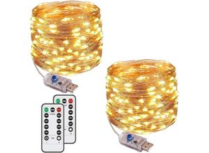 6219466701039 - 2er-Pack] 100 LED-Lichterketten 10 m 8 Modi USB-betrieben IP65-LED-Lichterkette für Außen- und Innenbereich Kupfer mit Fernbedienung Timer für